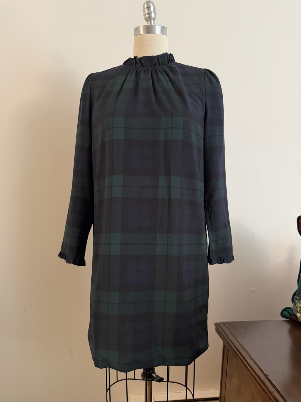 J. Crew Green and Navy Plaid Long-Sleeve Shift Dress